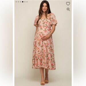 PinkBlush Pink Floral Button Puff Sleeve Maternity Midi Dress